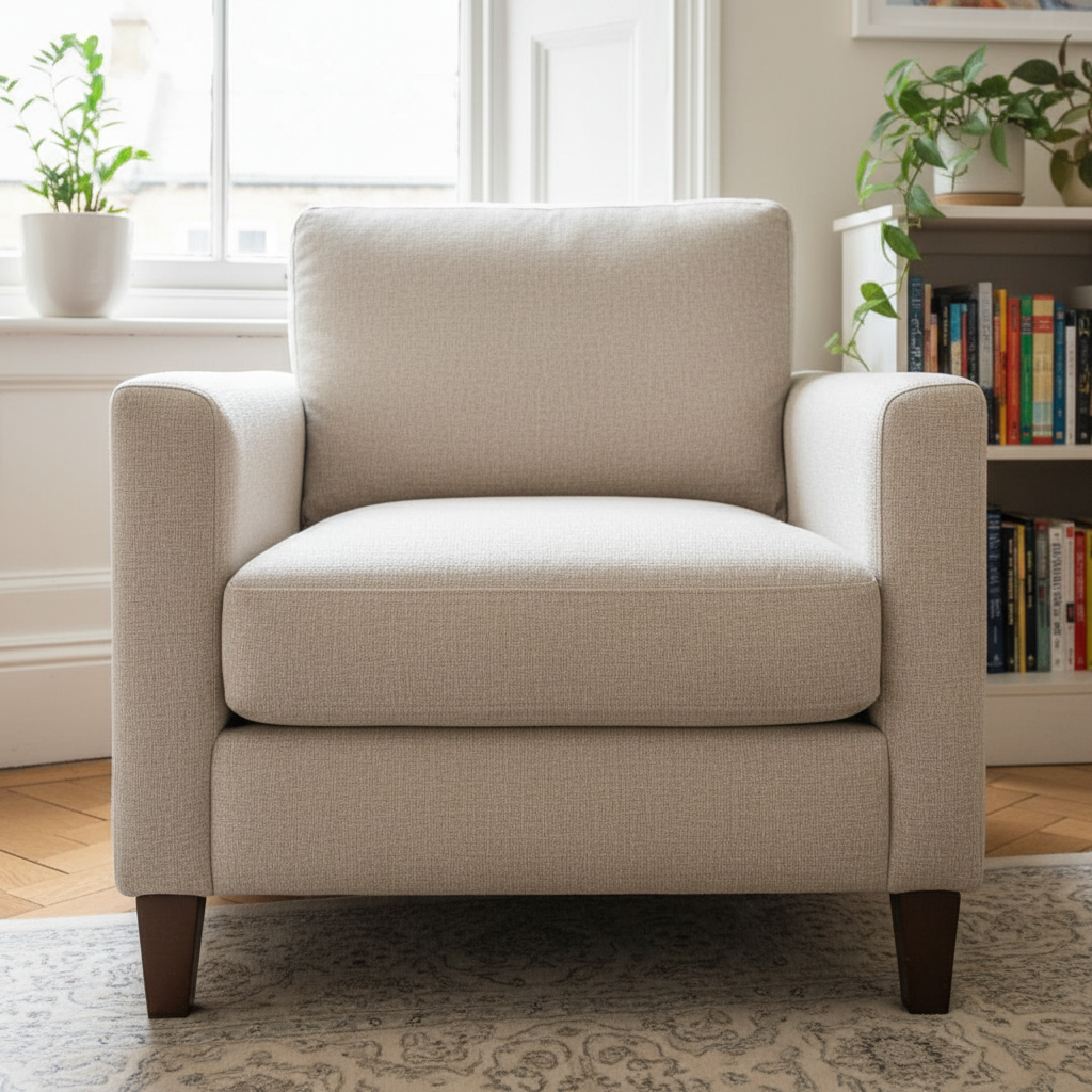 Clean beige fabric armchair after professional cleaning