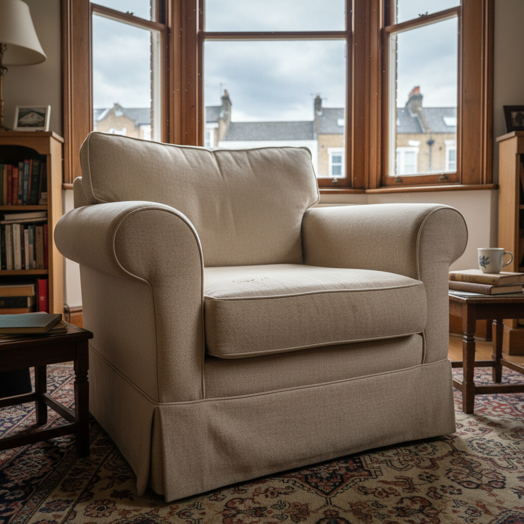 Soiled beige fabric armchair before professional cleaning