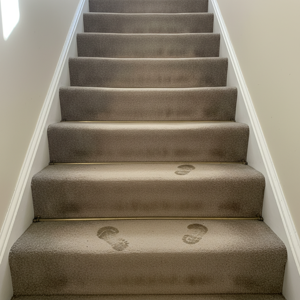 Dirty stained carpet runner on stairs before professional cleaning