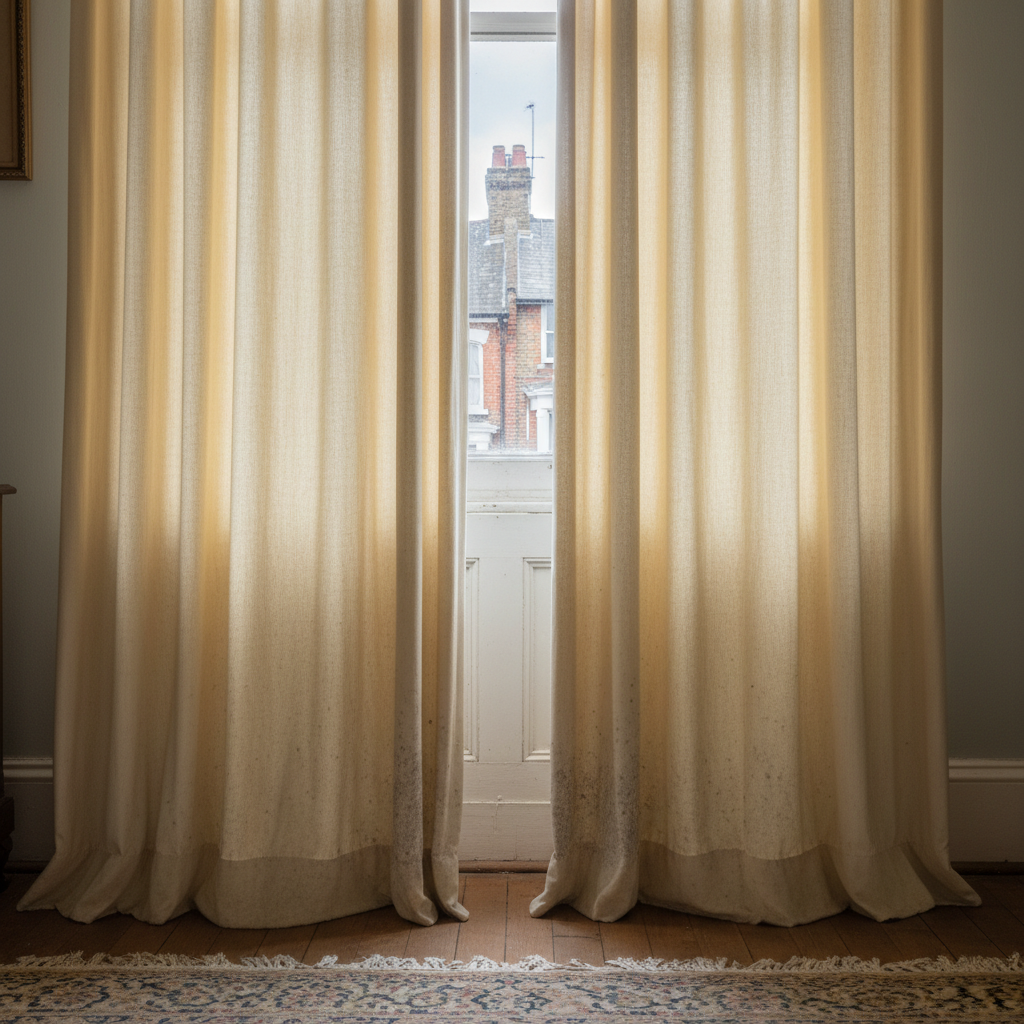 Dusty yellowed cream curtains before professional in-situ cleaning