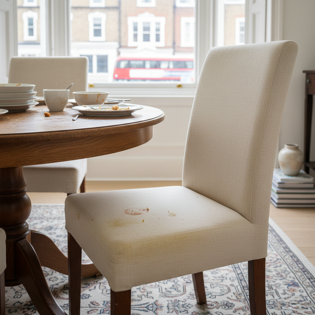 Stained fabric dining chair seat pad before professional cleaning