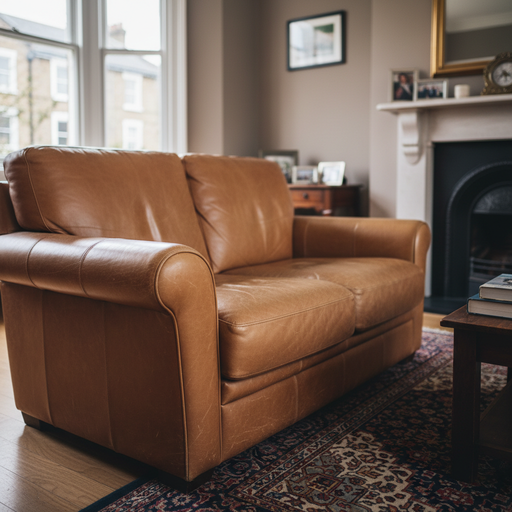 Dull scuffed leather sofa before professional leather cleaning