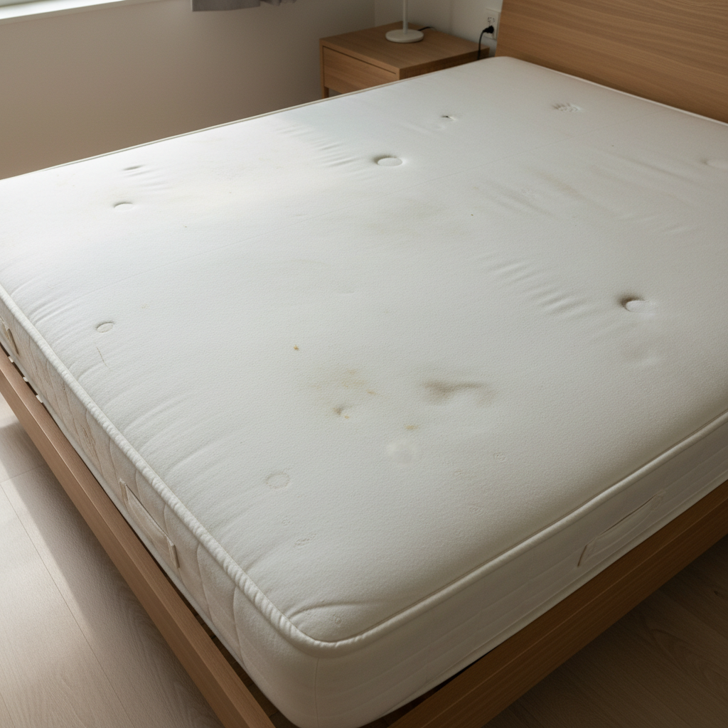 White mattress with everyday wear stains before professional cleaning