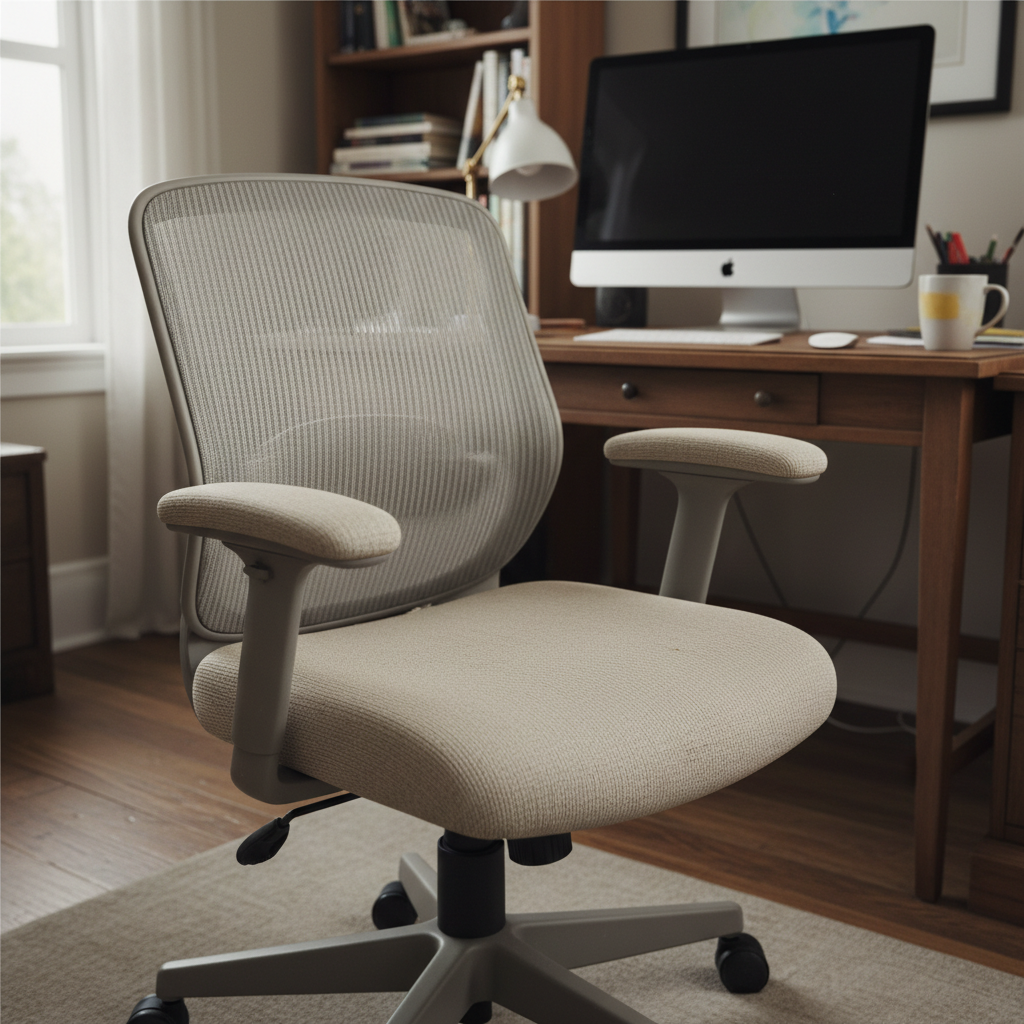 Used fabric office chair with discolouration before cleaning