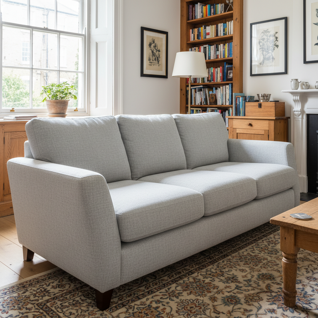 Clean refreshed grey fabric sofa after professional steam cleaning