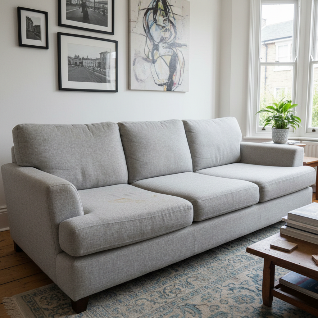 Used grey fabric sofa with everyday soiling before cleaning